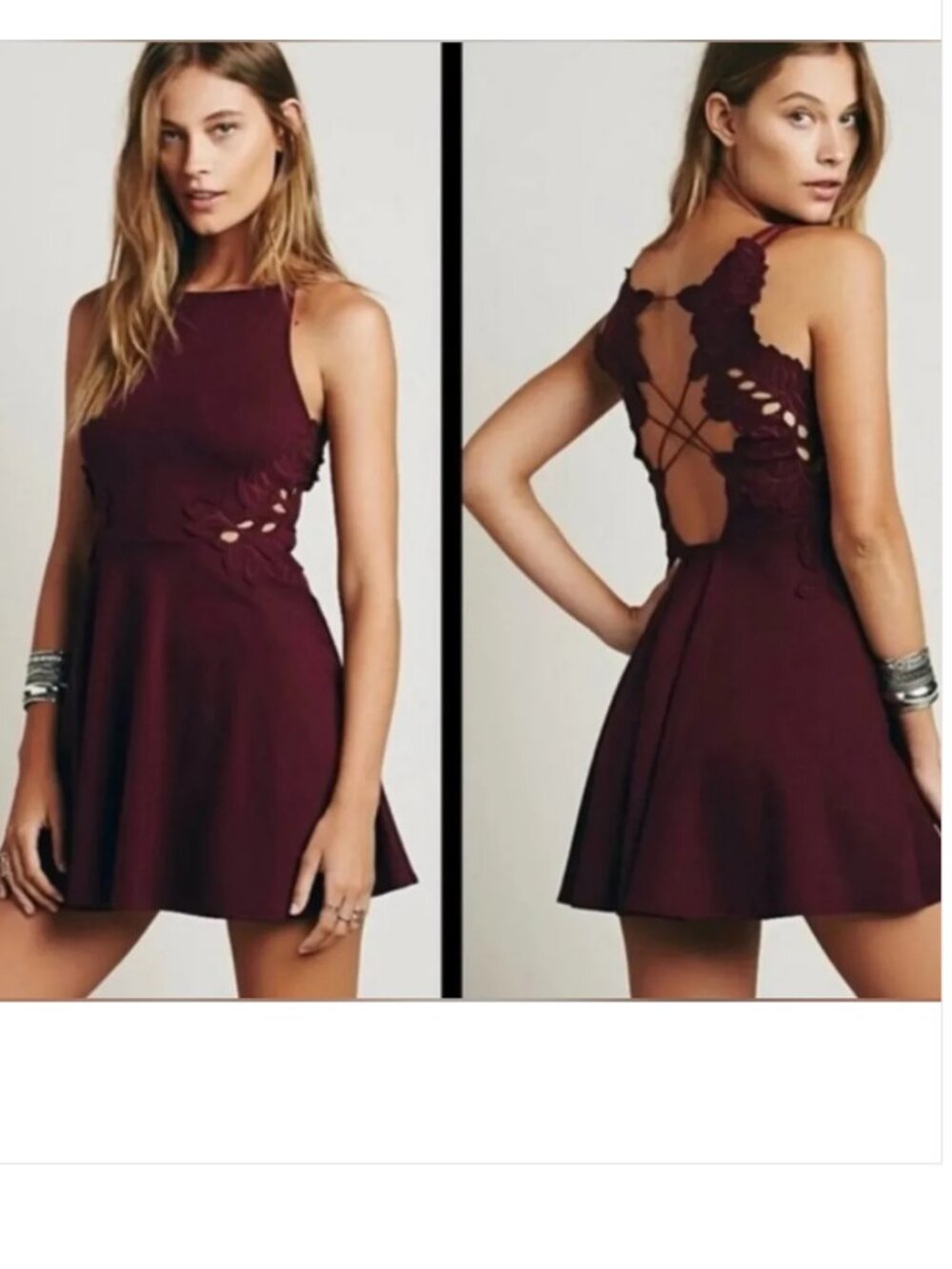 Free People Red Purple Floral Cutout Strappy Skater Mini Dress